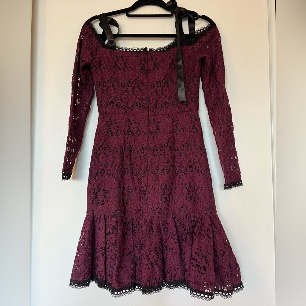 NWT Alexis Sophie Burgundy Lace Off Shoulder Tie Shoulder Dress. Small - Picture 14 of 14